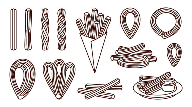 Hand drawn contour line art churro vector set containing paper cone packaging, twisted pastry sticks, loops, and dipping sauce cup design.