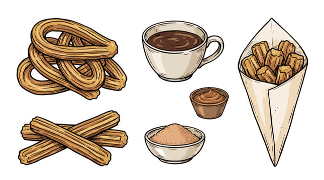 Hand drawn sketch style vector illustration set of traditional sweet churro pastry, including sugar bowl, dipping chocolate cup, twisted dough, and street food paper cone snacks.