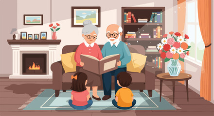 A heartwarming scene of an elderly couple reading to children © Gani