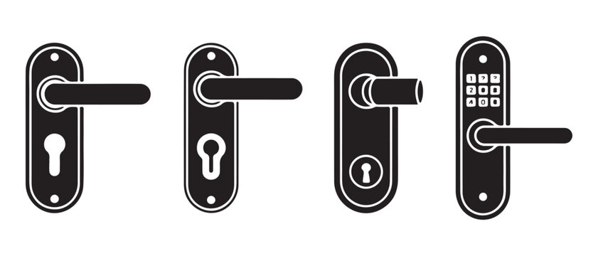 Set of modern door handle icons with keyholes and digital keypad on transparent background isolated.