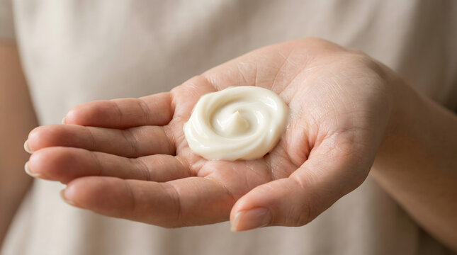Moisturizing white cosmetic cream swirl on female palm, close up of hydrating lotion texture on hand for skincare routine. Nourishing body butter or face moisturizer sample on skin