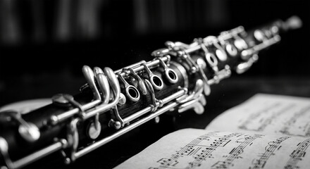Obraz premium A high-contrast black and white photograph focusing on the complex geometry of the oboe’s keywork and the precise alignment of the tone holes,