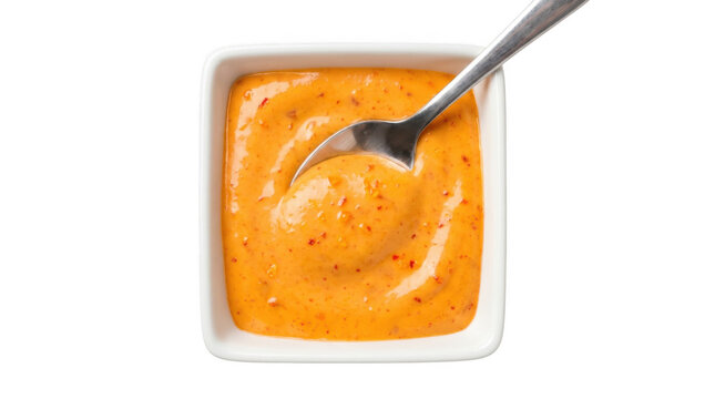 Bowl of spicy orange sauce isolated on transparent background