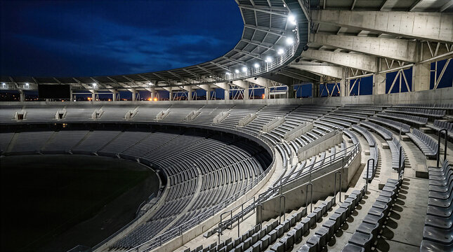 Empty professional stadium seating showing curved grey concrete grandstands illuminated under night lights presenting abstract minimalist modern architectural patterns displaying impressive vast space