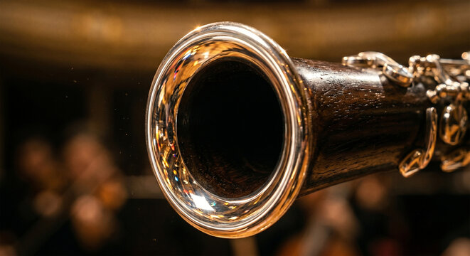 An extreme close-up view of the oboe&rsquo;s bell, focusing on the dark, rich texture of the wood and the brilliant reflection of the stage lights on the silver-plated rim, 