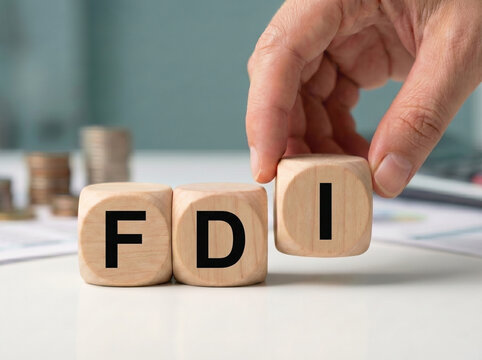wooden alphabet blocks spelling fdi with hand placing final cube representing foreign direct investment economic growth and global business expansion