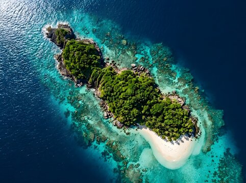 Top-Down View of a Rugged Tropical Island and Coral Reef in Blue Ocean