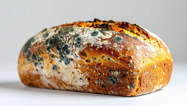 Stale bread loaf covered with mold spots, detailed fungal texture, food spoilage and contamination concept, scientific food safety theme. Close-up.