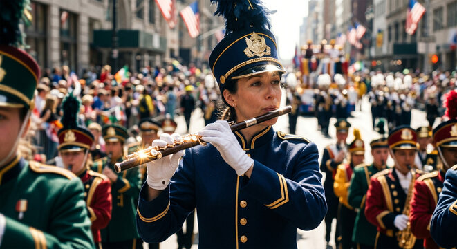 
A candid, documentary-style photograph of a musician in a marching band, captured mid-performance while holding a piccolo, with vibrant sunlight reflecting off the instrument's surface