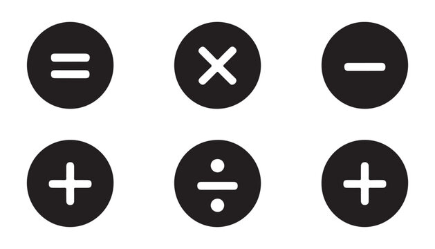 Calculator math operation symbols in circles including plus minus multiply divide and equals sign.