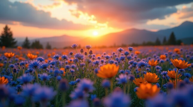 Beautiful wildflower field with colorful orange and blue flowers at golden sunset