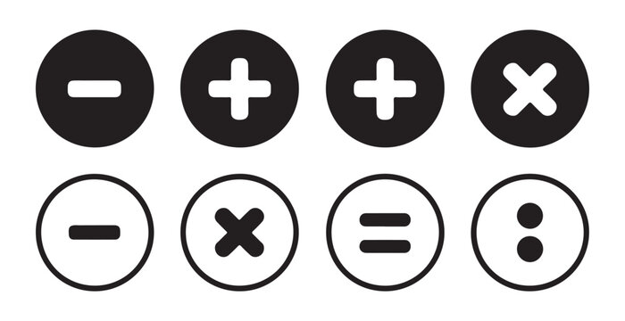 Round icons representing mathematical operations including subtraction addition and division signs.