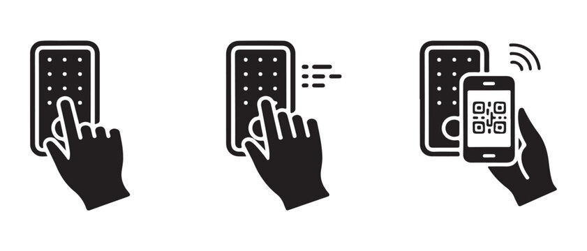Access control icon set a hand presses a button on a digital keypad and a hand scans a smartphone.