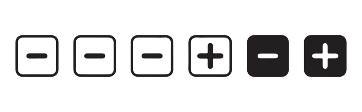 Minimalist square minus and plus icon set for user interface design on transparent background style.