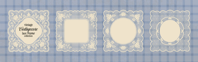 Obraz premium Vintage cottagecore lace doily frame collection with floral mesh motifs. Elegant crochet lace border, squiggle shapes for whimsical wedding invitations, collage. Square embroidery handkerchief.