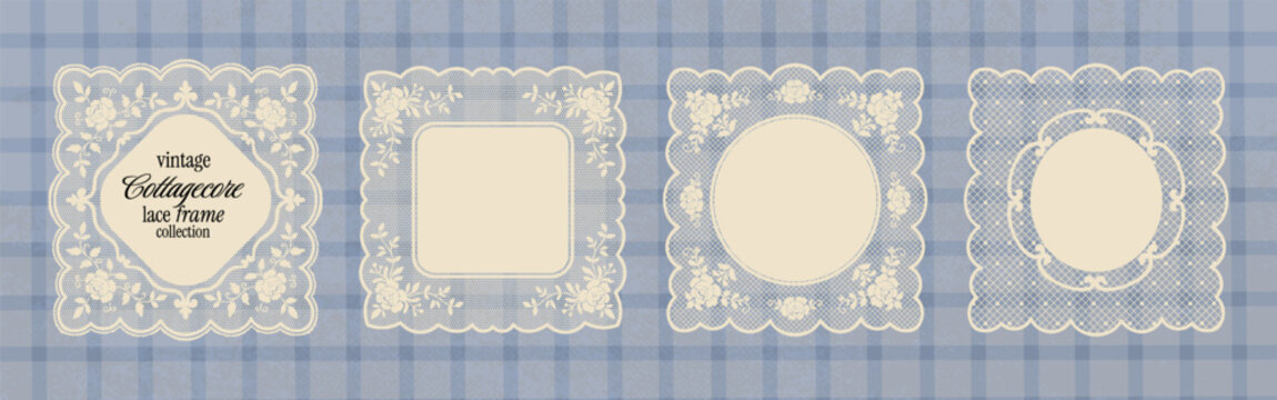 Vintage cottagecore lace doily frame collection with floral mesh motifs. Elegant crochet lace border, squiggle shapes for whimsical wedding invitations, collage. Square embroidery handkerchief.