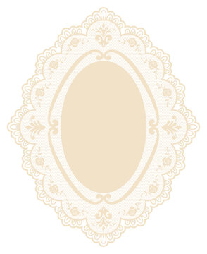 Vintage ornate lace oval frame illustration, crochet doily border. Elegant floral label with delicate filigree details for wedding invitations, branding and stationery. Vintage embroidery handkerchief
