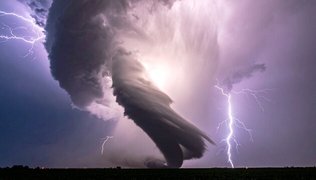 Fierce tornado funnel cloud spinning during a stormy night with lightning supercell disaster atmospheric thunderstorm