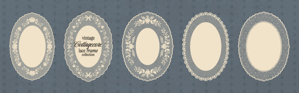 Vintage floral oval lace frame collection. Whimsy cottagecore embroidery handkerchief with floral ornaments. Squiggle shapes crochet labels and decorative borders for wedding scrapbook stationery.
