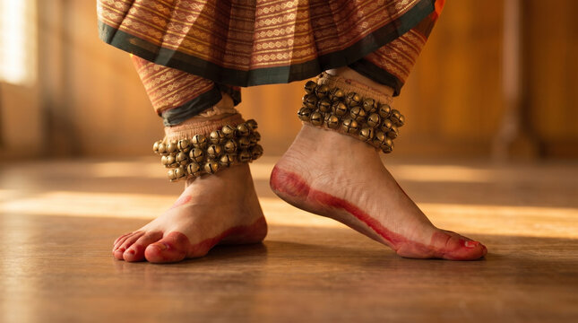 indian classical dancer feet with ghungroo illuminated by warm morning sunlight representing cultural heritage dance education and artistic expression