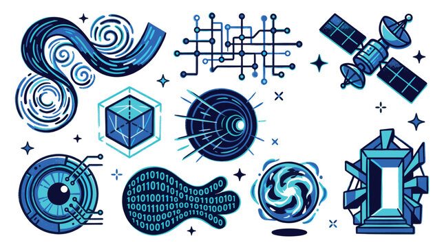 Various blue and black technology-themed icons are arranged on a clean white background, representing digital concepts and innovation