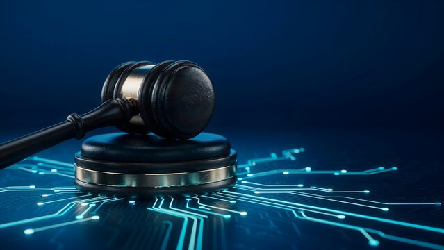 Judge gavel with digital circuit network for legal technology concept