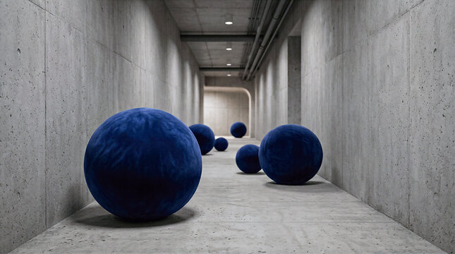 Large soft dark blue velvet spheres resting along narrow empty concrete industrial corridor creating elegant surreal architectural background featuring minimalist interior design