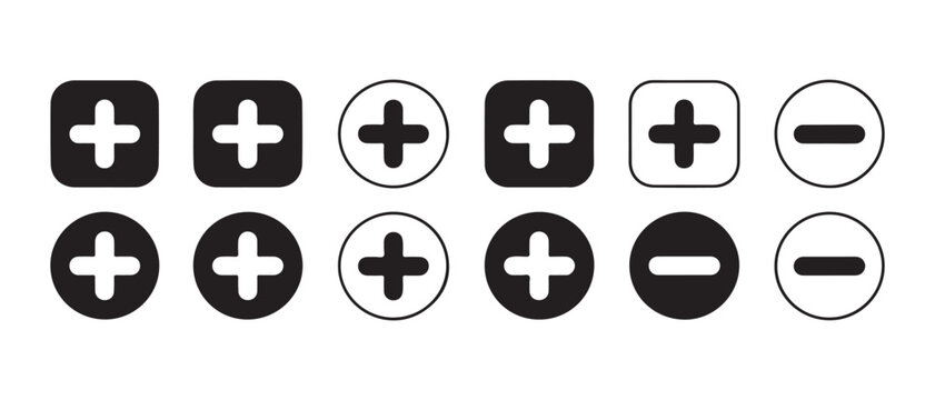 Plus and minus icons in circles and squares with plus signs in rows on transparent background.