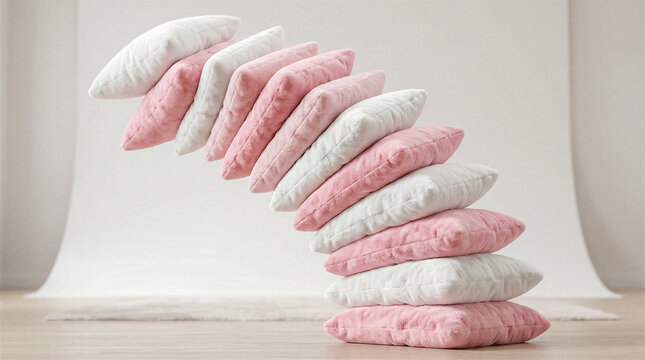Tall unstable stack featuring soft fuzzy square pink white pillows leaning heavily sideways against bright minimalist background representing playful balance concept