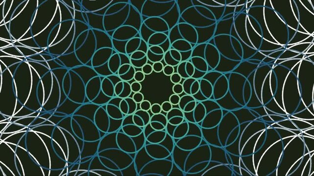 Geometric abstract pattern with glowing blue and white concentric circles on black background