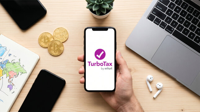 Hand holding a smartphone with the TurboTax Intuit app on screen over a wooden desk with a laptop, Bitcoin coins, notebook and earphones. Tax filing, cryptocurrency and digital finance mockup view.