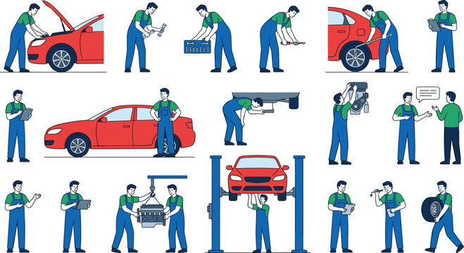  Professional car mechanics character collection in overalls repairing red sedan fixing motor checking wheel brakes isolated on white background for auto service infographic