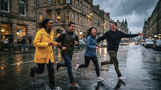 Four happy diverse friends running across wet city street during heavy rain storm wearing colorful waterproof jackets enjoying fun outdoor weekend