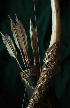 Ornate recurve bow with quiver full of feathered arrows. Leather quiver has gold accents. Medieval hunting weapon is ready for action. Archery equipment in studio.