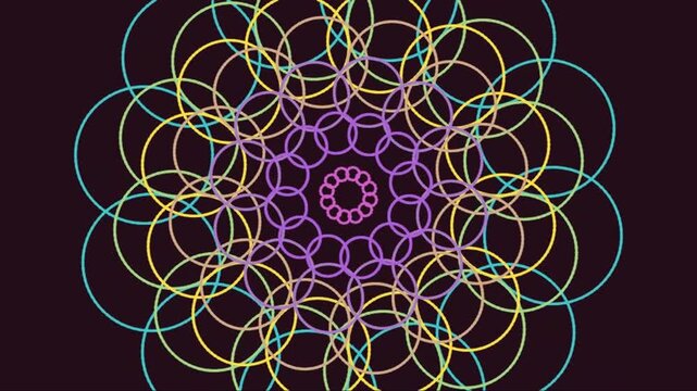 Abstract geometric mandala pattern with overlapping circles in neon colors on dark background