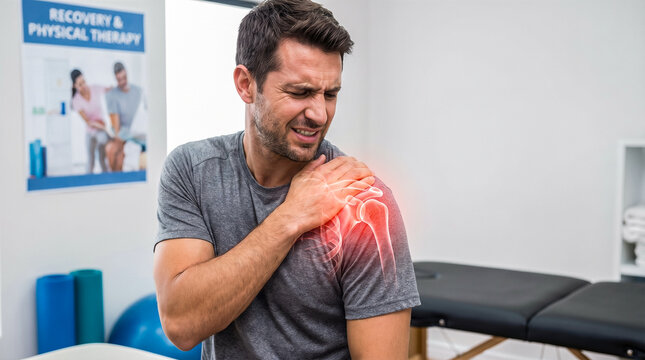 Man suffering intense shoulder joint pain glowing red anatomy muscle injury medical healthcare clinic room rehabilitation trauma treatment orthopedic care physical therapy concept
