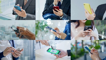 様々なシーンでスマホを使う人々と通信ネットワーク © metamorworks