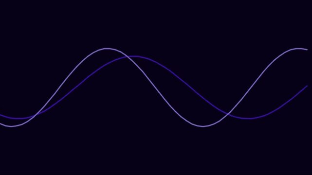 Abstract glowing blue and purple sine wave lines on dark background digital signal visualization