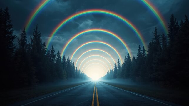 A long road leading into a magical forest tunnel with multiple glowing rainbows in the night sky