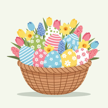 Colorful Easter eggs and flowers in a wicker basket