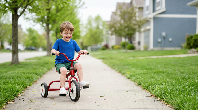 Young boy riding a red tricycle on a suburban sidewalk. Happy child pedaling a trike in a residential neighborhood. Outdoor summer playtime and activity