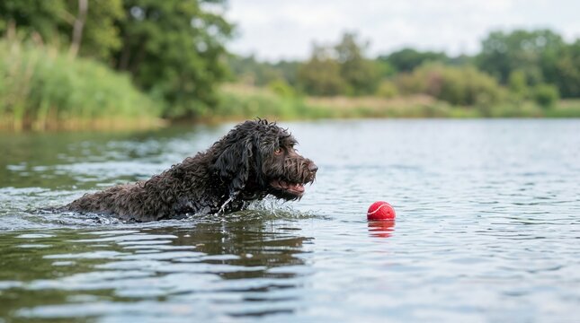 Barbet dog swimming in a lake after a red floating ball. Curly haired water dog retrieving a toy in the water