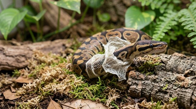 Ball python shedding its skin in a terrarium. Pet snake peeling off old scales on a bed of moss and bark