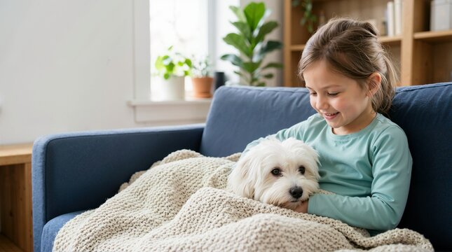 Young girl and Coton de Tulear dog cuddling under a knit blanket. Happy child snuggling with a fluffy white puppy on a blue sofa at home