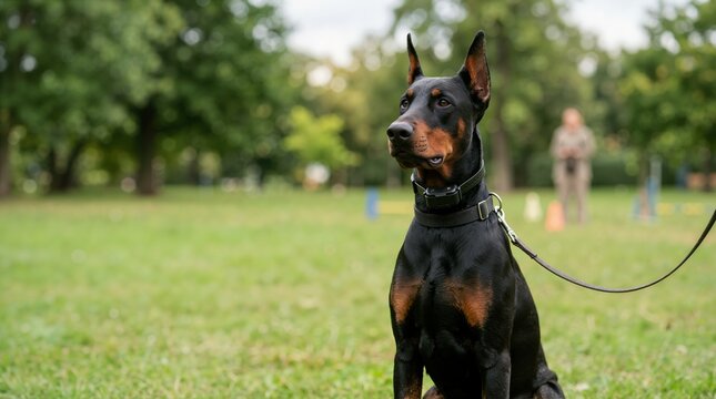 Doberman Pinscher with electronic training collar sitting in a park. Obedient black and tan dog on a leash during outdoor training session