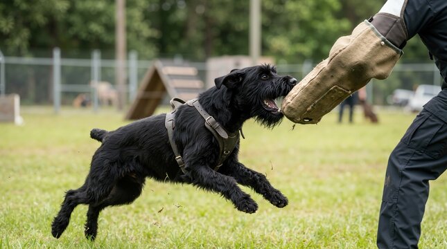 Giant Schnauzer police dog training with bite sleeve. Black working dog biting protective arm guard on grass