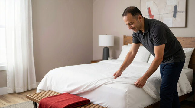 Smiling man changing bed linens in a modern bedroom. Male doing domestic chores and making the bed with clean white sheets