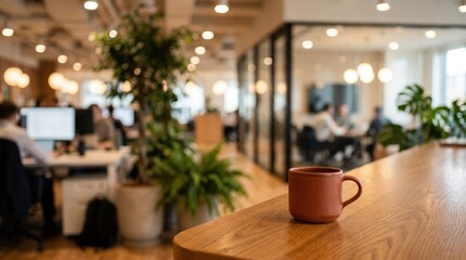 Fototapeta premium Terracotta ceramic coffee mug on wooden desk in blurred modern office background with coworkers and plants for corporate workplace lifestyle