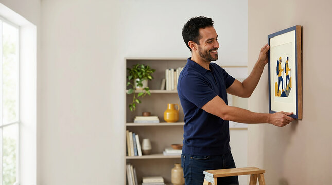 Smiling man hanging framed picture on wall at home. Male standing on step stool decorating living room. Home improvement and interior decor concept