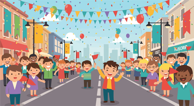 A vibrant street scene with people celebrating